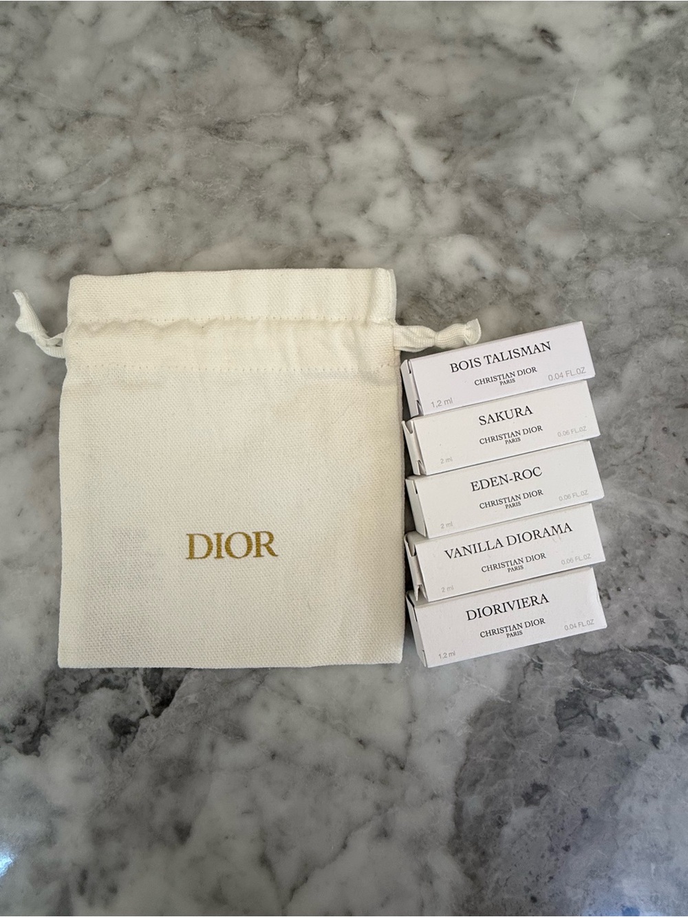Dior White/Cream Drawstring Pouch with White Perfume Sample Boxes